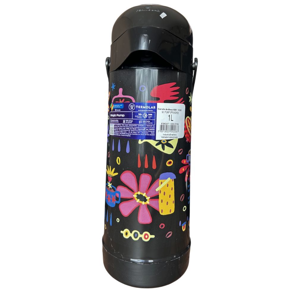 Garrafa de Café Térmica Termolar 1 Litro Magic Pump Decorada Florida  12H Quente Ampola de Vidro