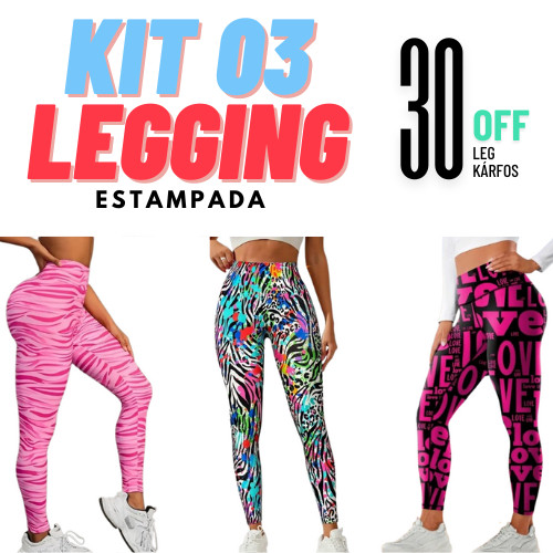 Kit 3 Calça Legging Feminina Estampada Cintura Alta Suplex Leg Academia Fitness Cós Alto