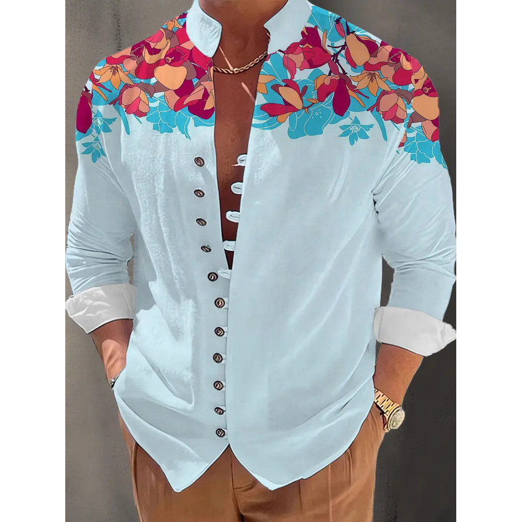 Camisa Henley Masculina Casual de Manga Longa, Estampa Floral de Pássaro Moda Simples Camisa Masculina de Manga Longa OT