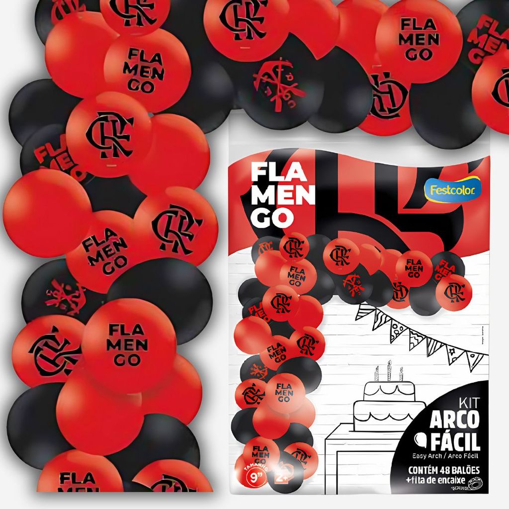 KIT ARCO FACIL DE BALOES FLAMENGO n°9 50 UN + 1 FITA ARCO FESTCOLOR LICENCIADO (CHOCO)