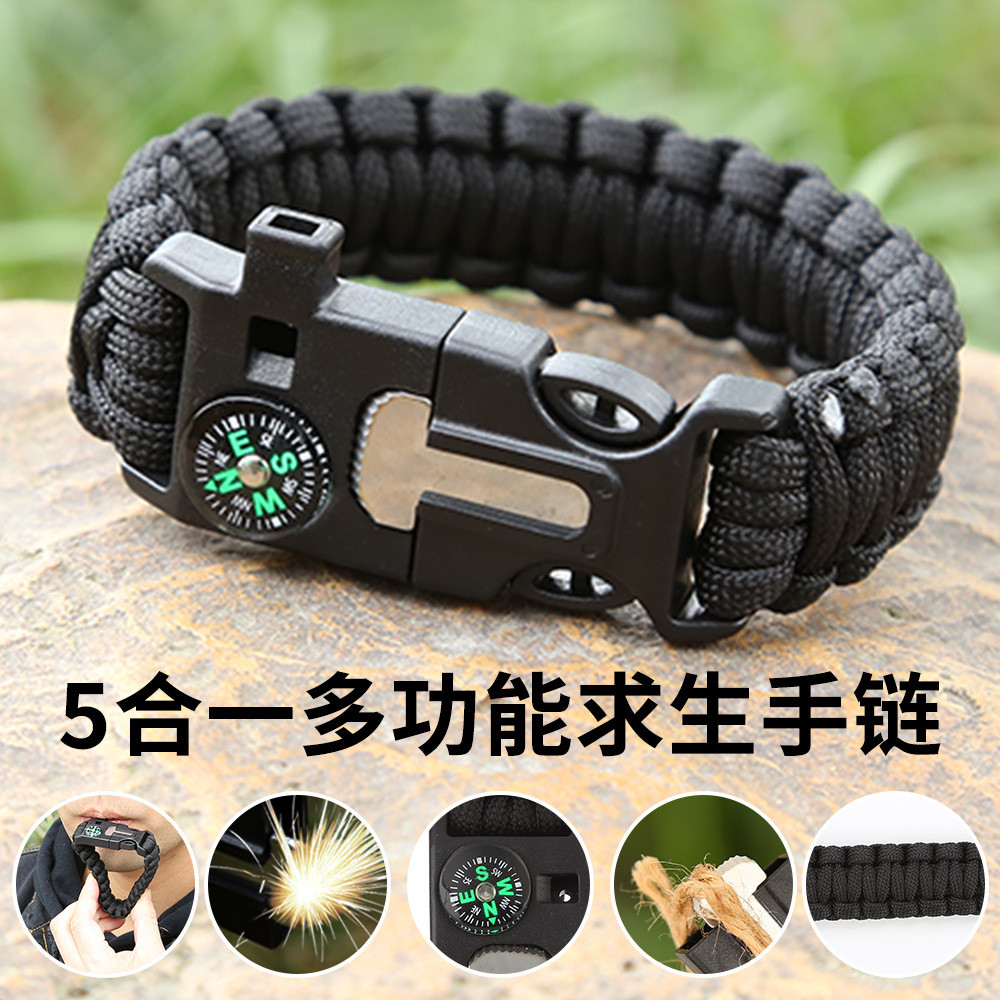 Pulseira de sobrevivência cinco em um com paracord de sete núcleos e bússola, para escalada ao ar livre, camping e resga