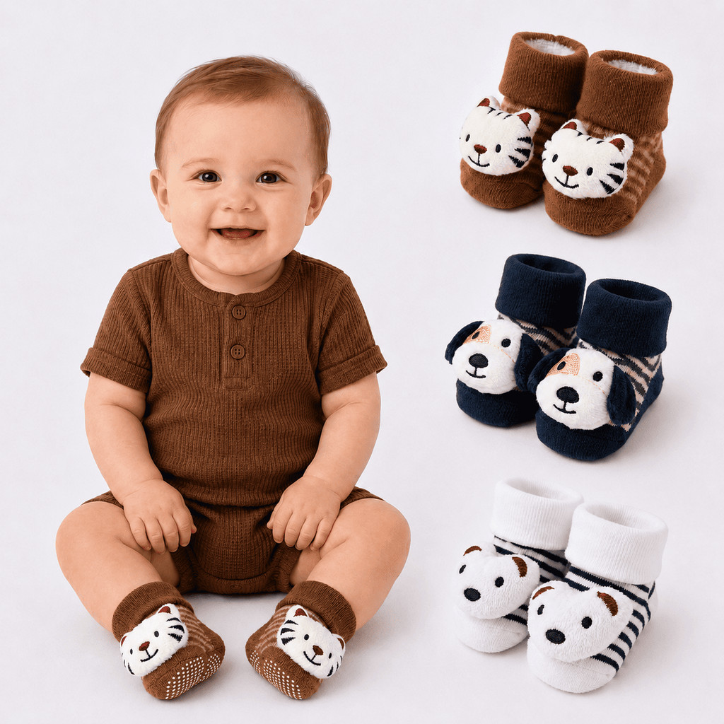 Kit 3 Meias Bebê Infantil Bichinho 3D Antiderrapante Menino