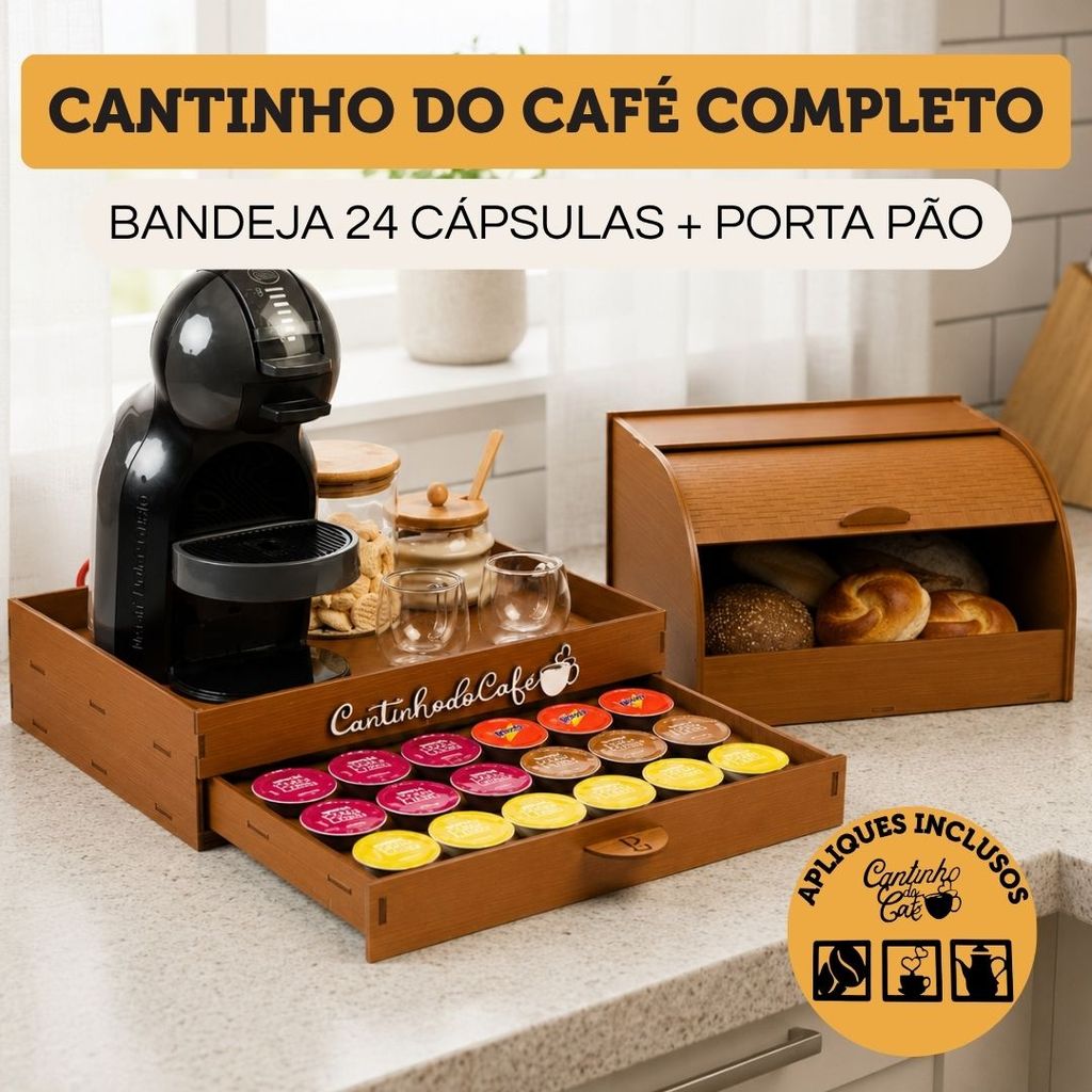 Kit Cantinho Do Café Bandeja Porta 24 Cápsulas + Porta Pão + 4 Quadros Decorativos Para Casa Cozinha