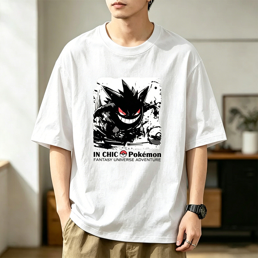 Camiseta Masculina Feminina Oversized Estampa Gengar Pokémon Tinta Sumi-e Camiseta Streetwear Anime Moda Urbana Unissex