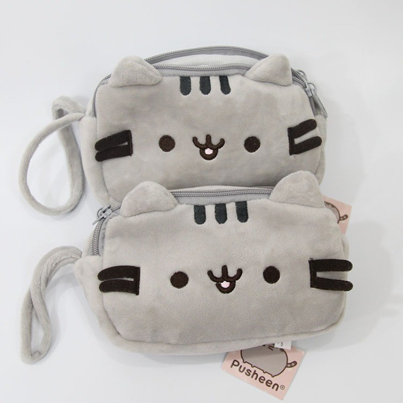 Estojo de lápis de gato cinza em desenho animado de dupla camada, design com rosto sorridente, bolsa grande para canetas