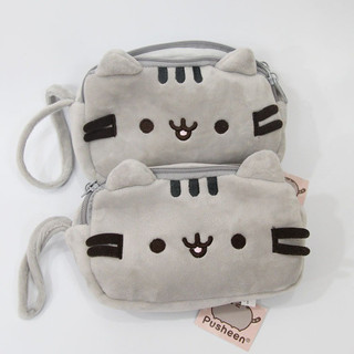 Estojo de lápis de gato cinza em desenho animado de dupla camada, design com rosto sorridente, bolsa grande para canetas