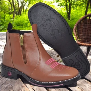 Bota Botina Feminina Texana Macia Country Cowboy Bico Quadrado Confortável Zíper E Rebites