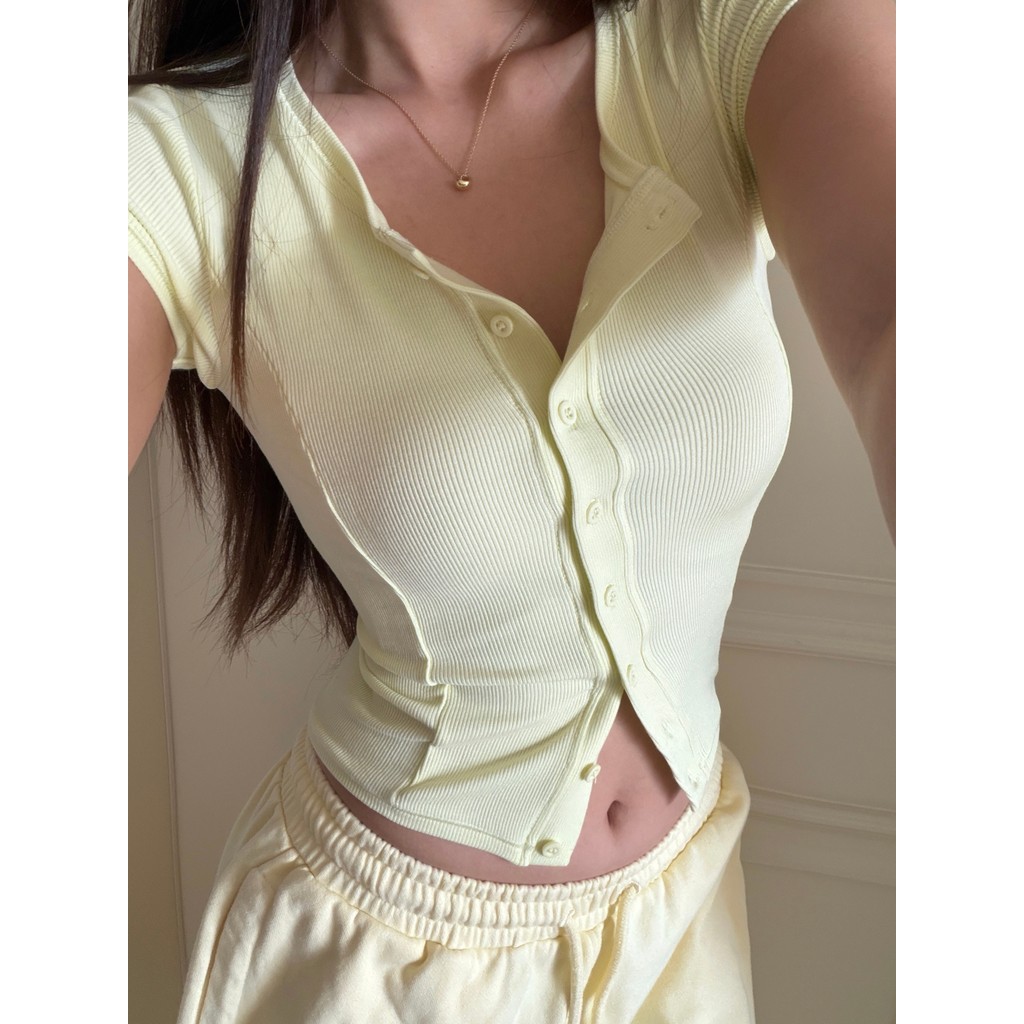 TTWOLVES Rosca Alta Elástica Fitness Esportes Lazer Mellow rib Senhoras Botão Cardigan Manga Curta X23