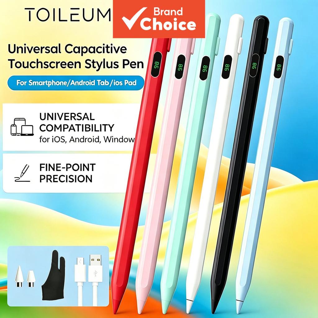 Caneta Stylus Touchscreen Universal TOILEUM com Display Digital de Bateria LED + Pontas Substitutas + Luvas para Tablet
