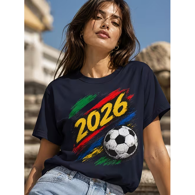 Camiseta Feminina Com Estampa de Futebol 2026 Colorida e Moderna Confortável e Estilosa Moda Feminina Casual