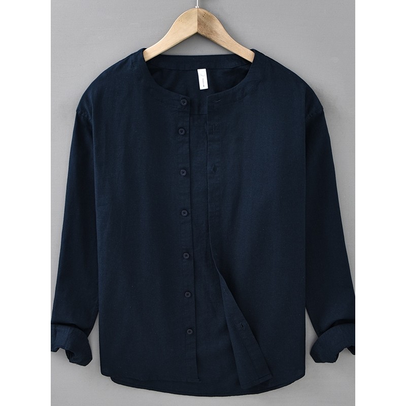 Camisa masculina de linho de cor sólida com gola alta, camisa de manga comprida de linho Casual, camisa de tecido de lin
