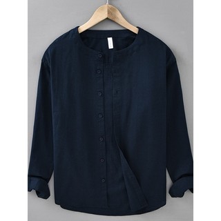 Camisa masculina de linho de cor sólida com gola alta, camisa de manga comprida de linho Casual, camisa de tecido de lin