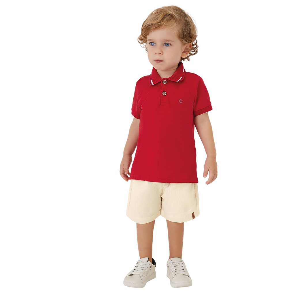 Conjunto Malwee Kids Polo Vermelho Bermuda Cós Elástico Em Algodão Texturizado Carinhoso Menino 1000132326