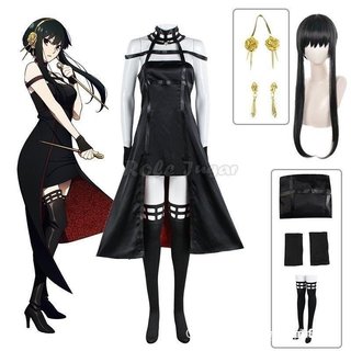Fantasia de Cosplay Anime Spy x Family Yor Forger, Peruca Preta, Vestido Vermelho, Conjunto de Cosplay Gótico A0SS B 30N