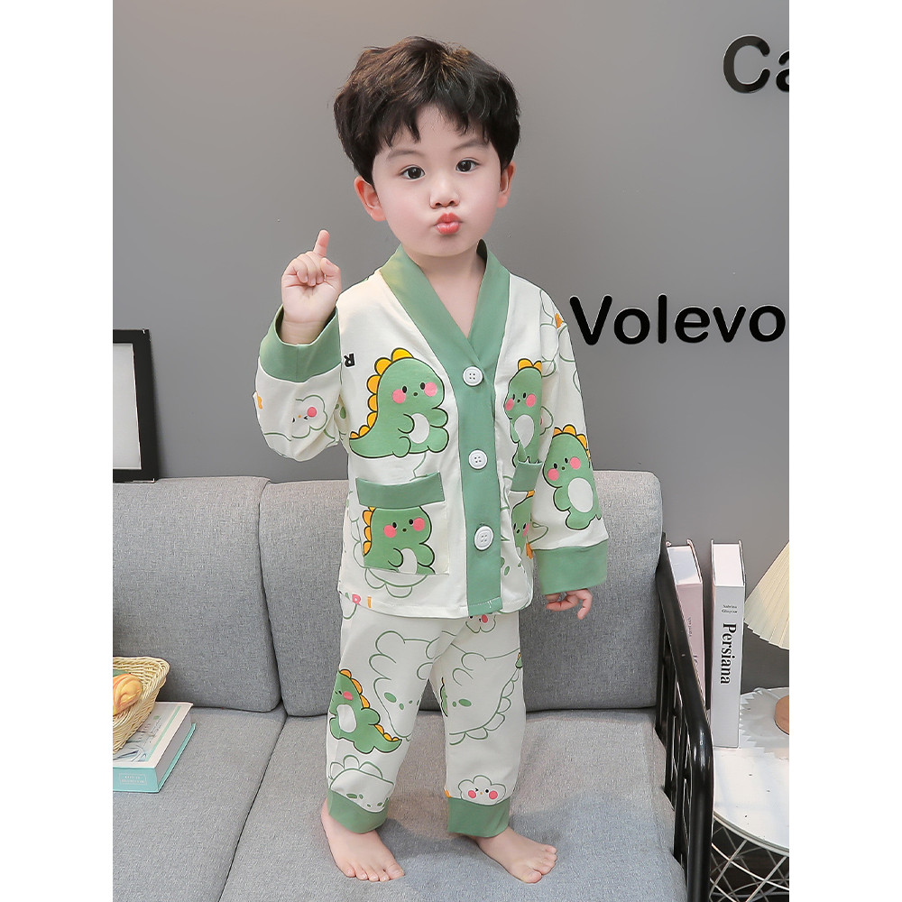 Crianças dinossauro pijamas meninos primavera outono puro algodão Cardigan terno meninos bebê fino de manga comprida ar 