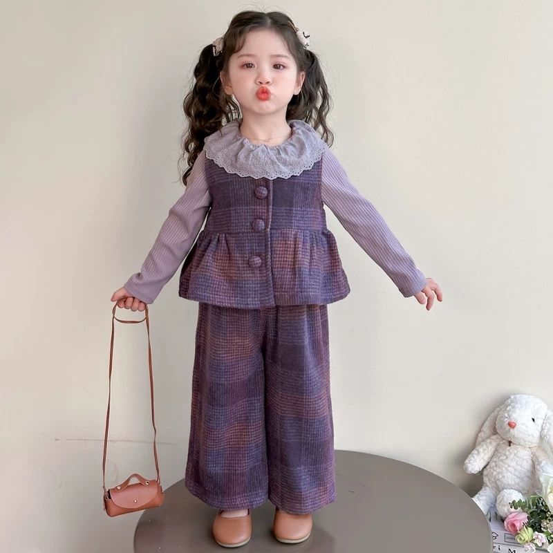 Meninas moda xadrez terno primavera outono 2025 moda novo estilo crianças roupas de primavera colete de bebê terno de tr
