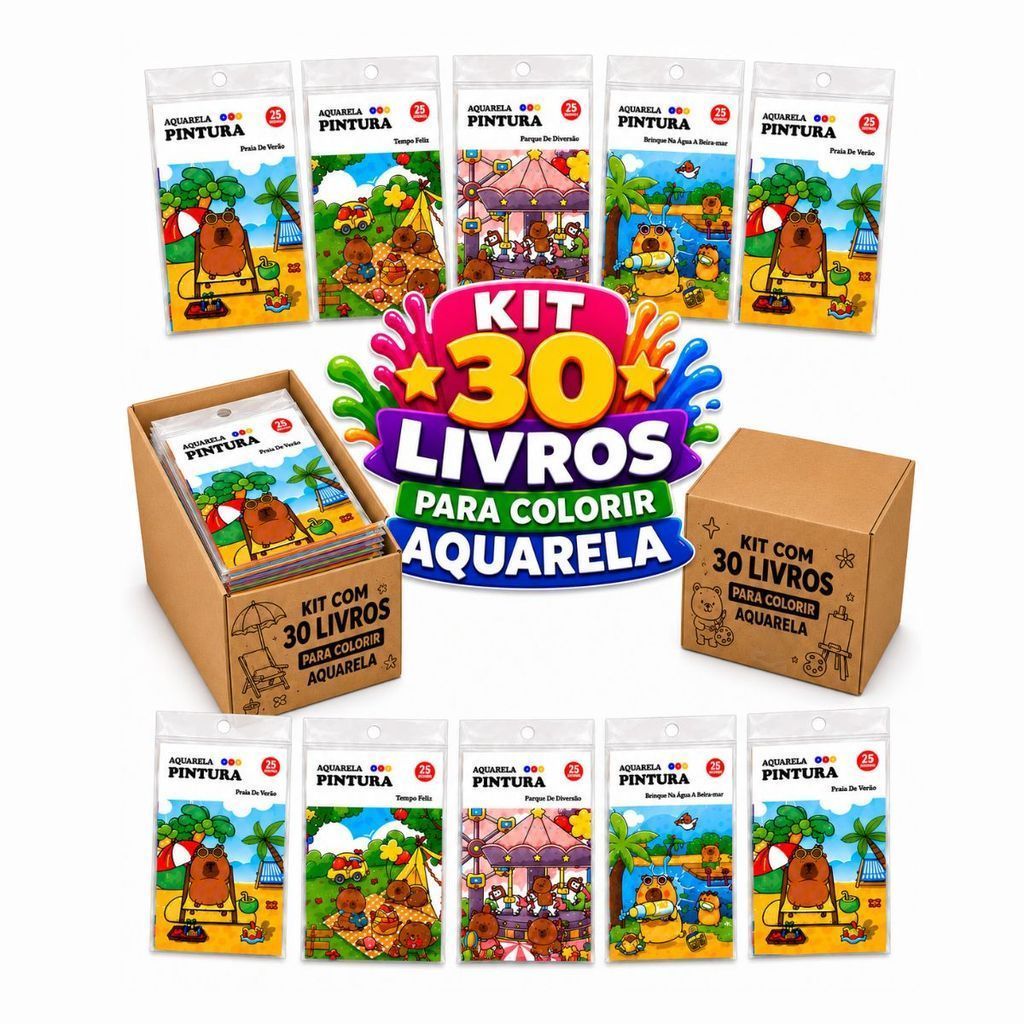 KIT 30 LIVROS AQUARELA  Pintura Infantil com Tinta e Pincel – 12 Ilustrações Ursinho