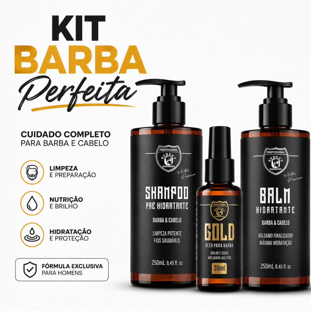 Kit Barba Perfeita Shampoo Pré-Hidratante 250ml + Balm Hidratante 250ml + Óleo Finalizador 30ml Kiunic Street