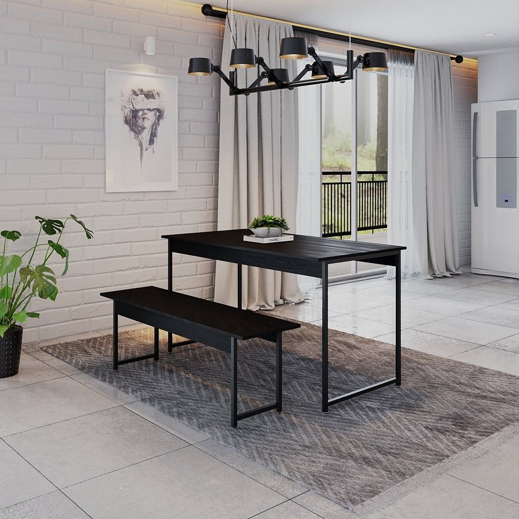 Conjunto Mesa de Jantar com 1 Banco Estilo Industrial Active Yescasa Preto/Ônix Preto Onix