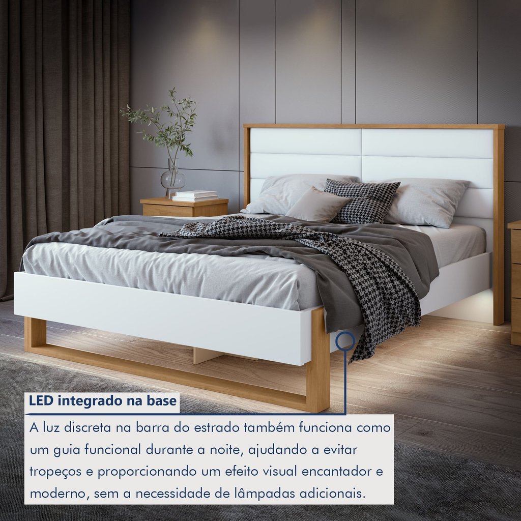 Cama Queen com LED e Pés Flutuantes Freetown Madeira Marrom Amêndoa Clean/Branco · foto 2