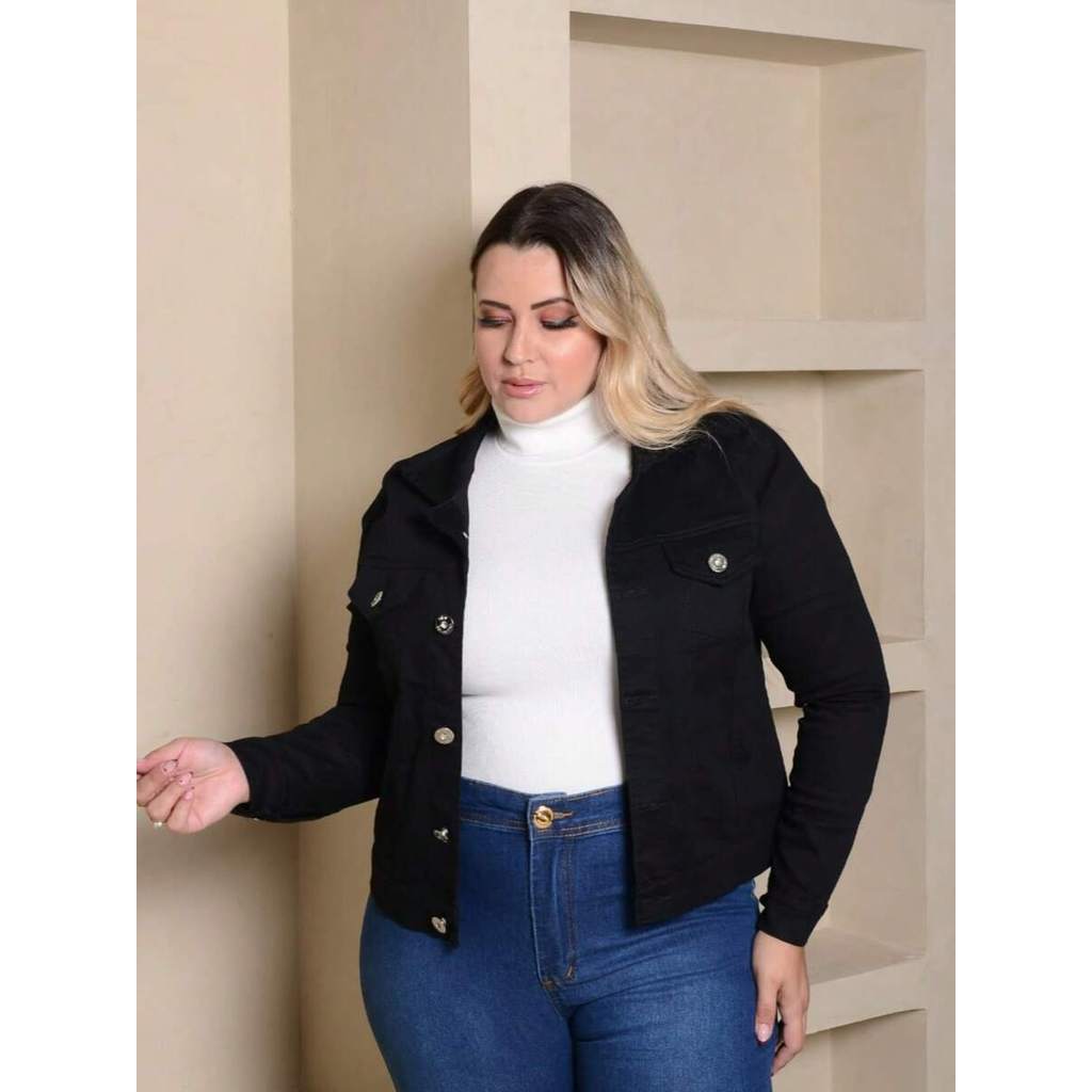 jaqueta Jeans Feminina plus size Com Elastano preto manga longa Outono e Inverno — imagem 2 de 2