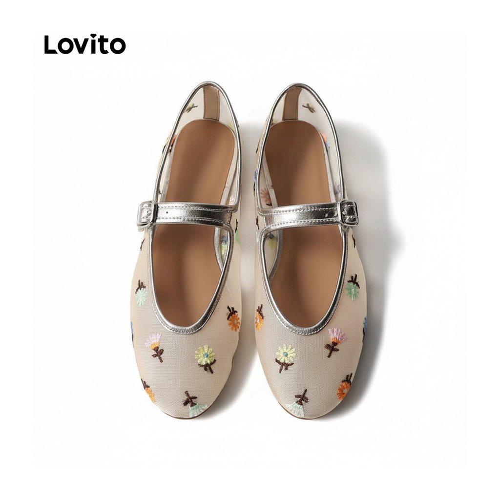 Lovito Férias Mary Janes com Bordado e Design em Tecido de Rede Sapatos Mary Jan