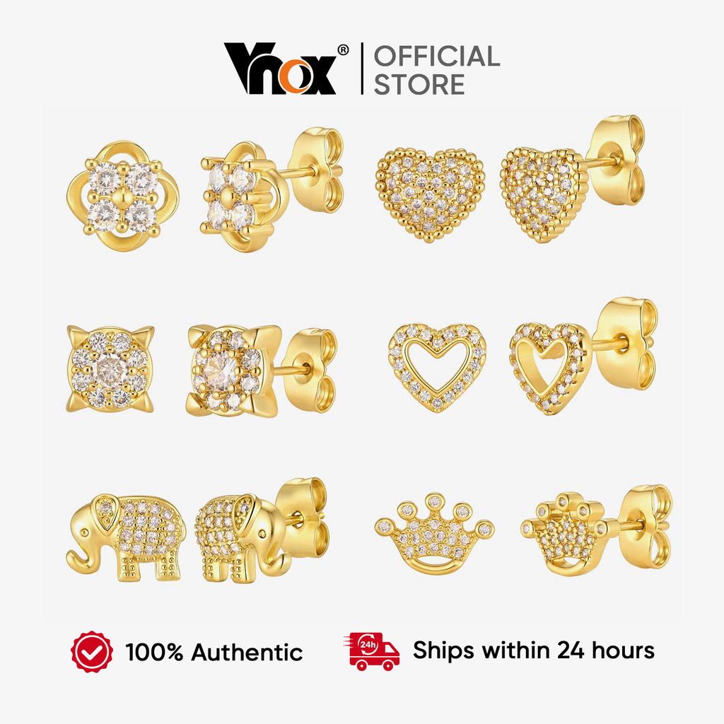 Vnox Feminino Banhado A Ouro Coroa Coração Flor CZ Brincos Pequenos , Acessório Hipoalergênico Leve E Luxuoso