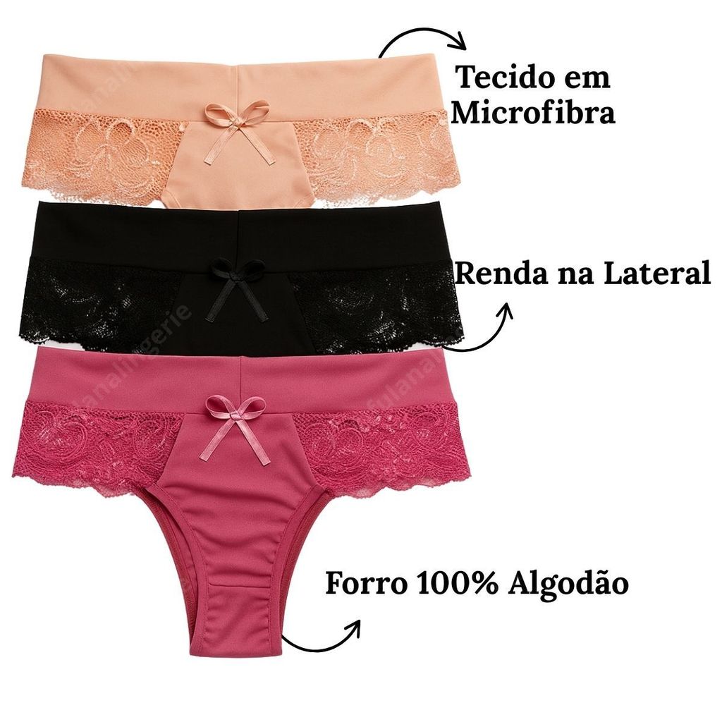 Kit 7 Calcinhas em Microfibra Renda na Lateral Cintura Alta Dia a Dia - Flor