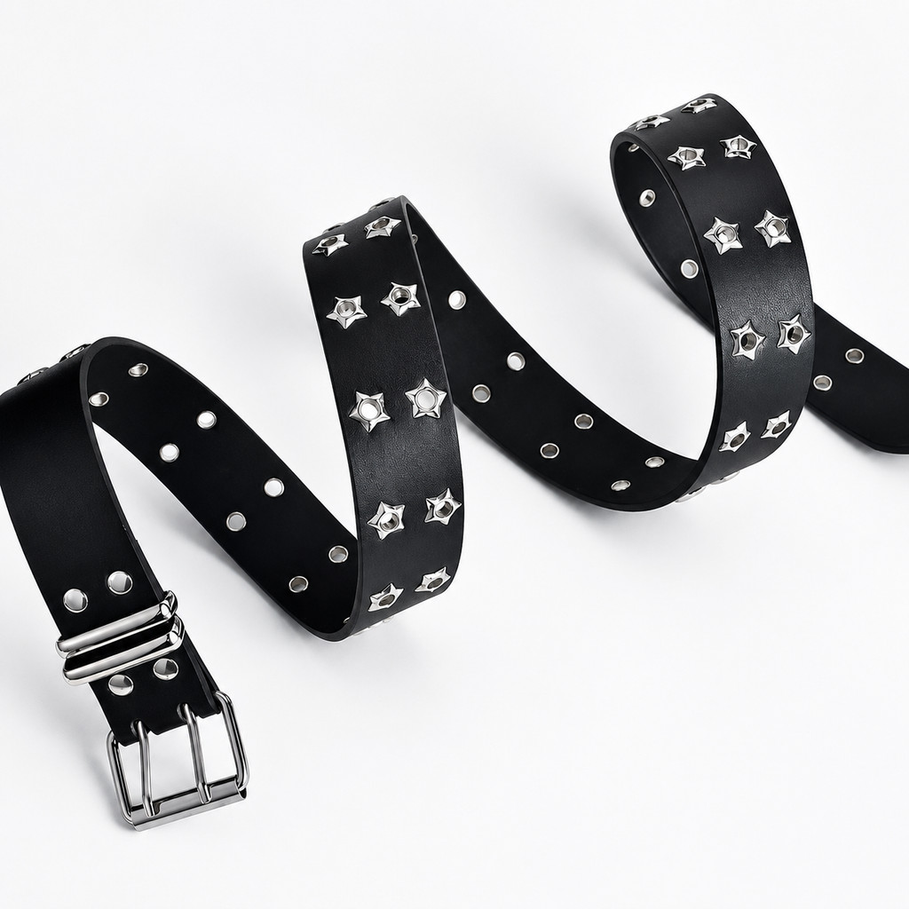 Cinto de PU Preto com Ilhós Estrela Duplo Fivela Metálica Ajustável Estilo Rock Punk