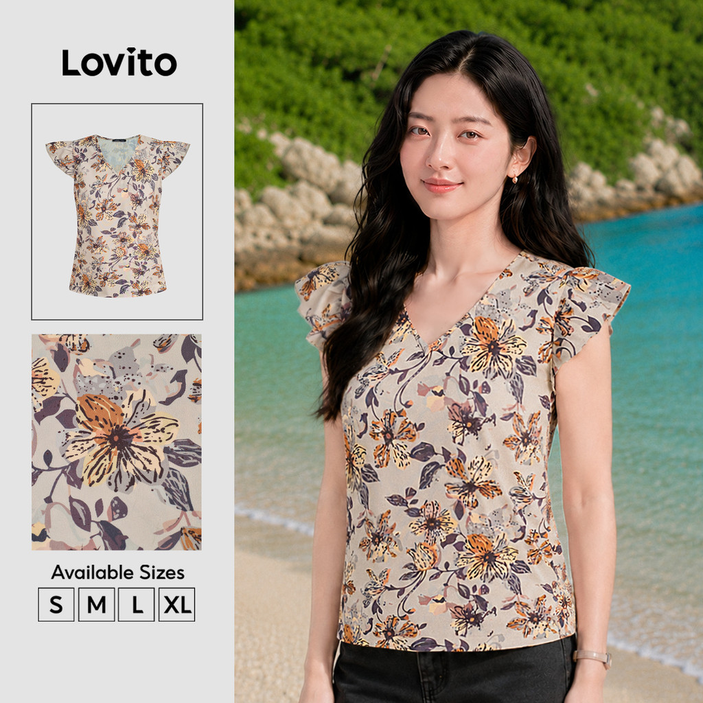 Lovito Férias Blusa de Babado com Flores Primavera/verão para Mulheres L155ED739