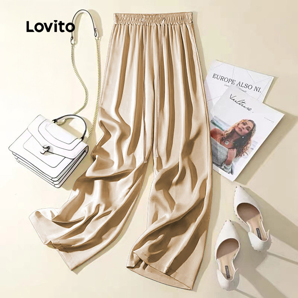 (New Arrival) Lovito  Calças Casuais Plissadas e Enrugadas Outono/inverno Damasco para Mulheres LNL148143