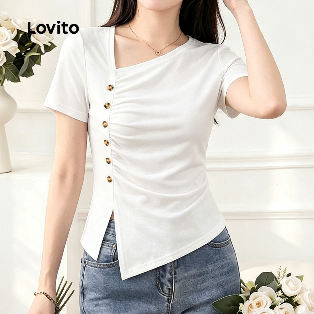 Lovito Camiseta Casual Feminina Branca Primavera/verão com Botão Plissado Assimétrico L199ED498 — imagem 2 de 2