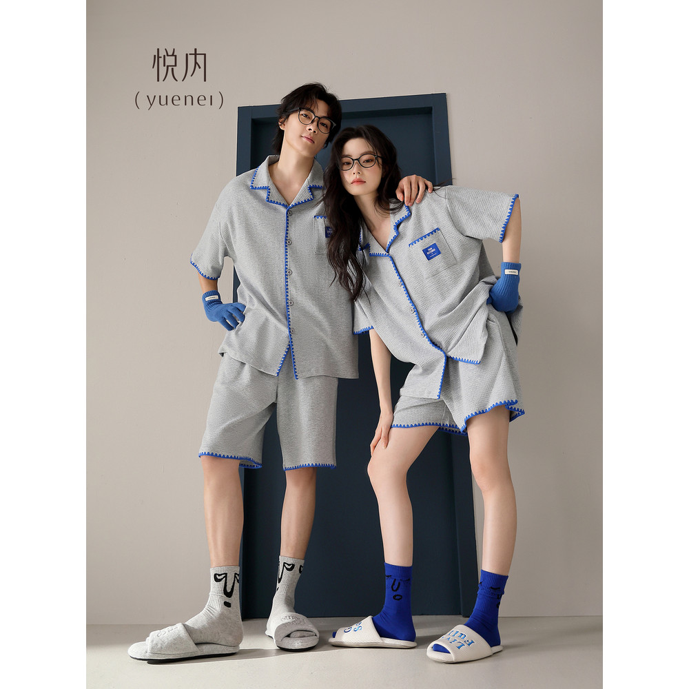 Casal interno pijamas feminino verão puro algodão Shorts de manga curta Homewear masculino Casual Plus Size Cardigan Waf