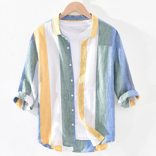Camisa asiática listrada masculina manga três quartos estilo japonês manga média larga estilo fino camisa coreana meia m