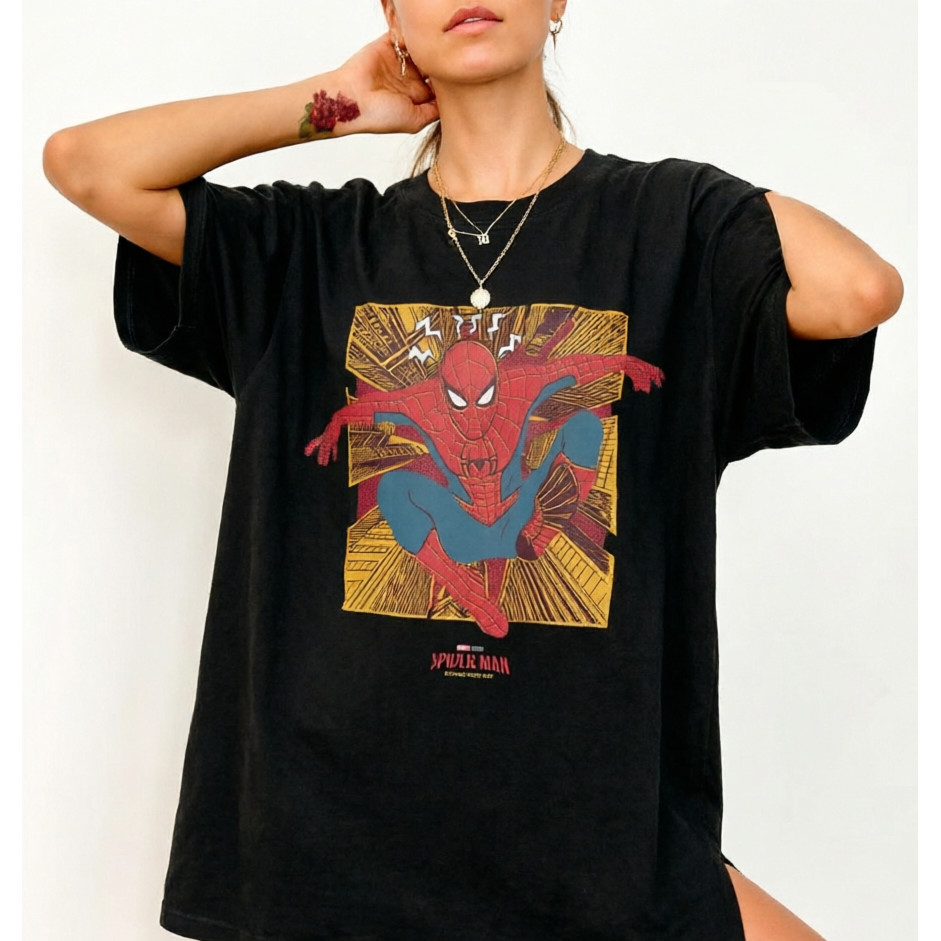 Camiseta Masculina Feminina Oversized Estampa Homem-Aranha Moldura Quadrinho Amarelo Retrô Marvel Camiseta Streetwear