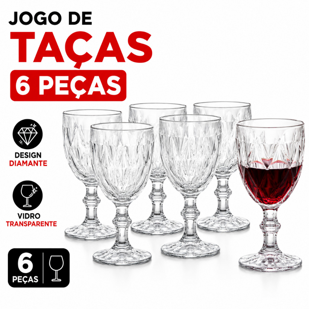 Jogo 6 Taças De Vidro Diamond 360ml Para Água Suco Vinho Drinks Refrigerante Bebidas Mesa Posta