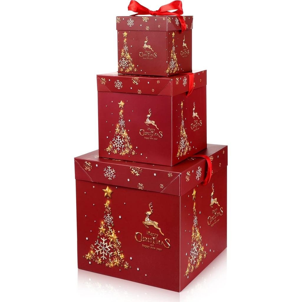 TaoBary 3 Peças Caixas de Presente de Natal Empilháveis com Tampa, Caixas de Natal para Presentes, Embalagem de Presente