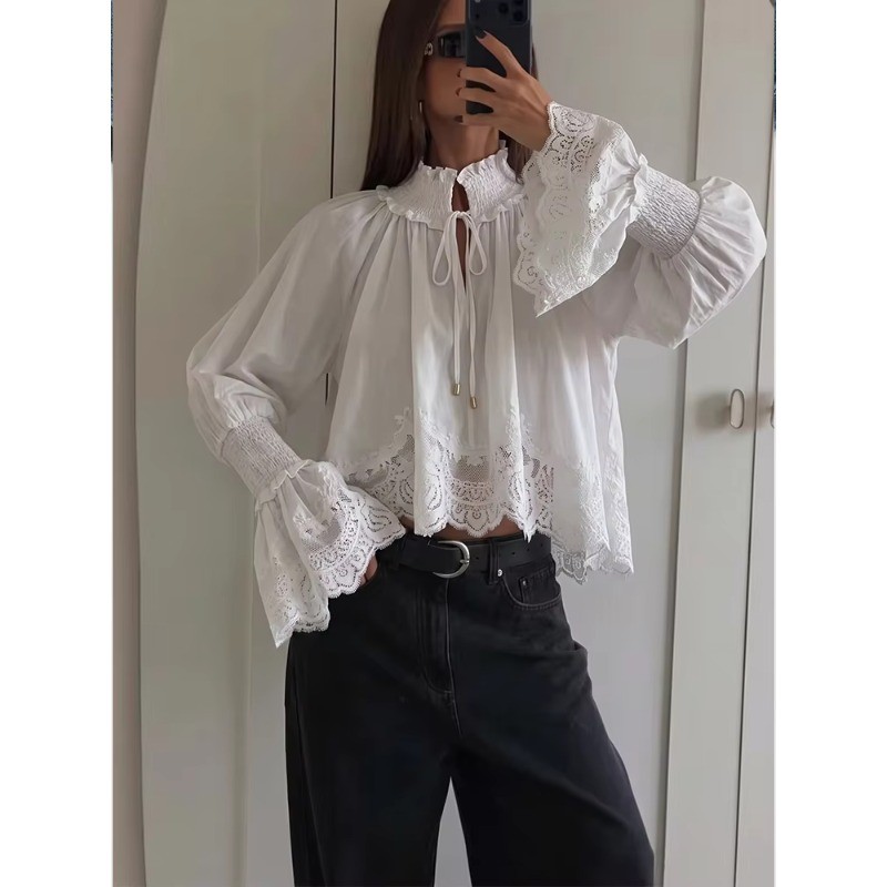 Camisa Romântica Bordada Com Renda Elegante Gola Alta Mangas Compridas Bufantes , Top Vintage Solto Amarração Na Frente
