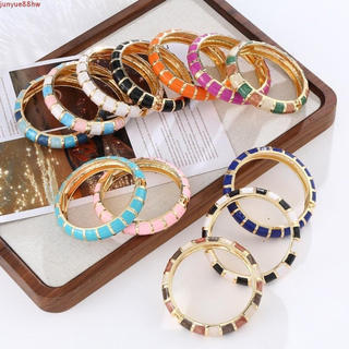 Pulseira de esmalte JUNYUE, elegante pulseira vintage boêmia geométrica larga de liga com efeito de gotejamento de óleo 