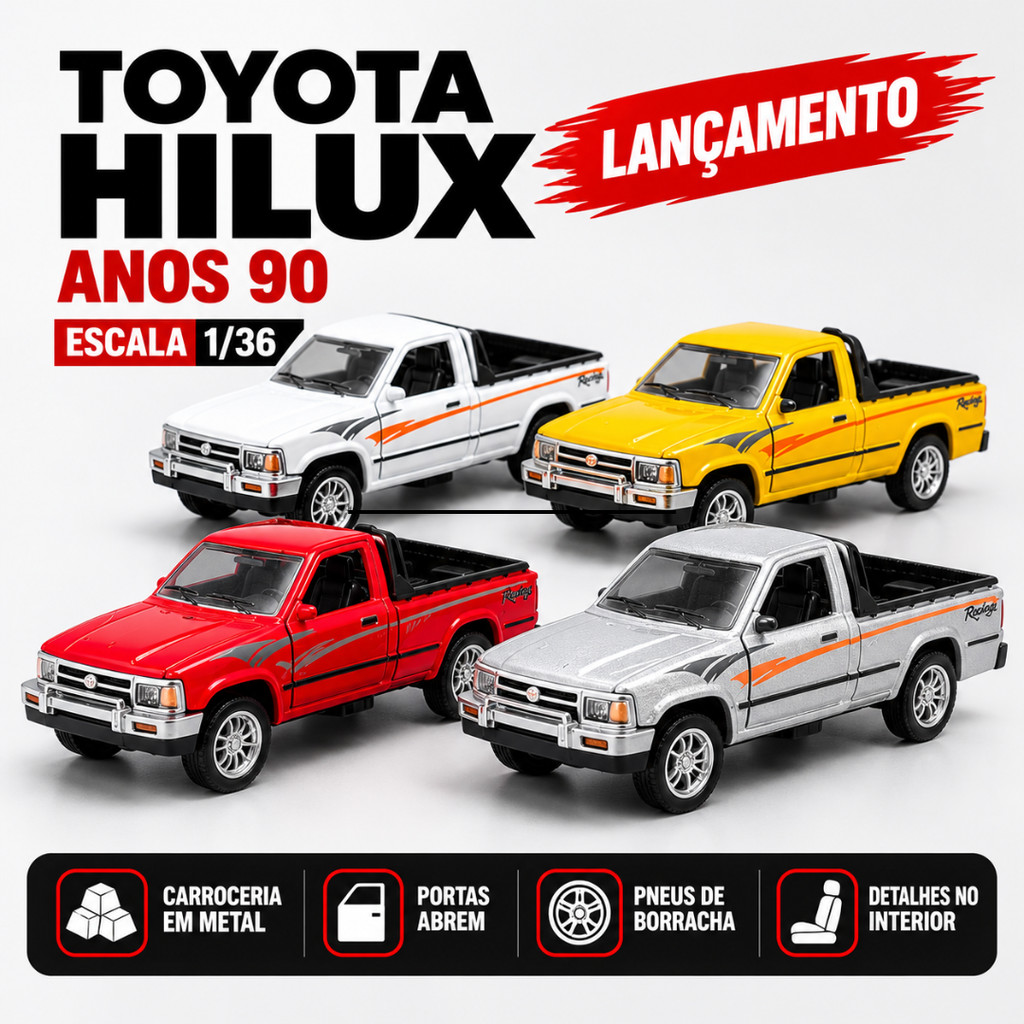 Miniatura Toyota Hilux anos 90 Escala 1:36 Metal Abre Portas Carrinho Colecionável 1990 Lançamento
