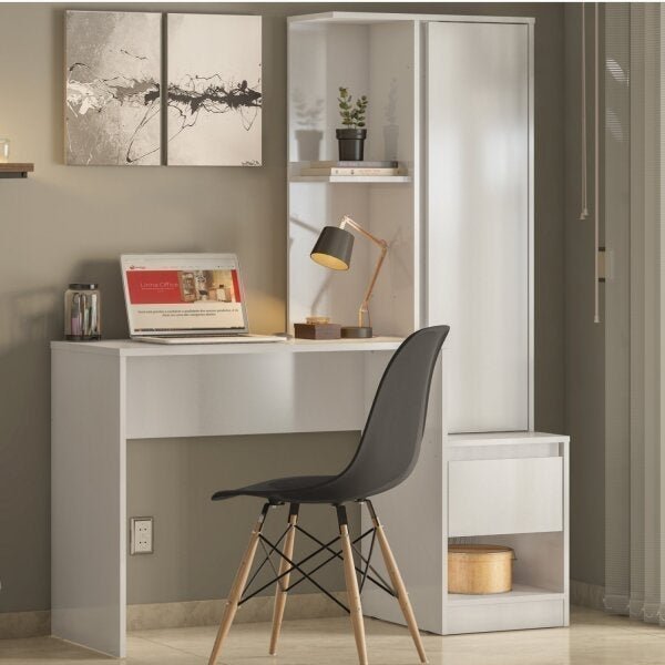 Escrivaninha Mesa Escritório com Armário Office Morada 1 Gaveta 126cm Branca Branca
