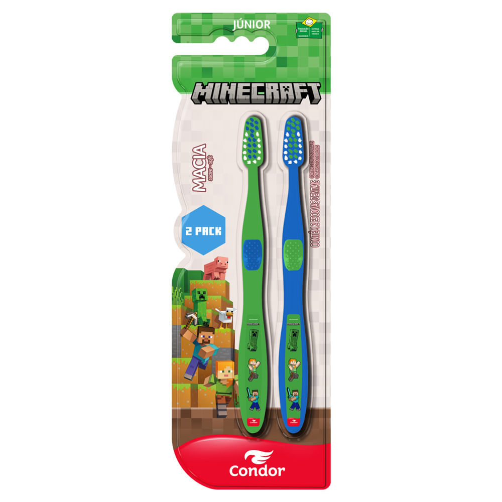 Escova de Dente Condor Júnior Minecraft Macia Cores Sortidas 2 Unidades