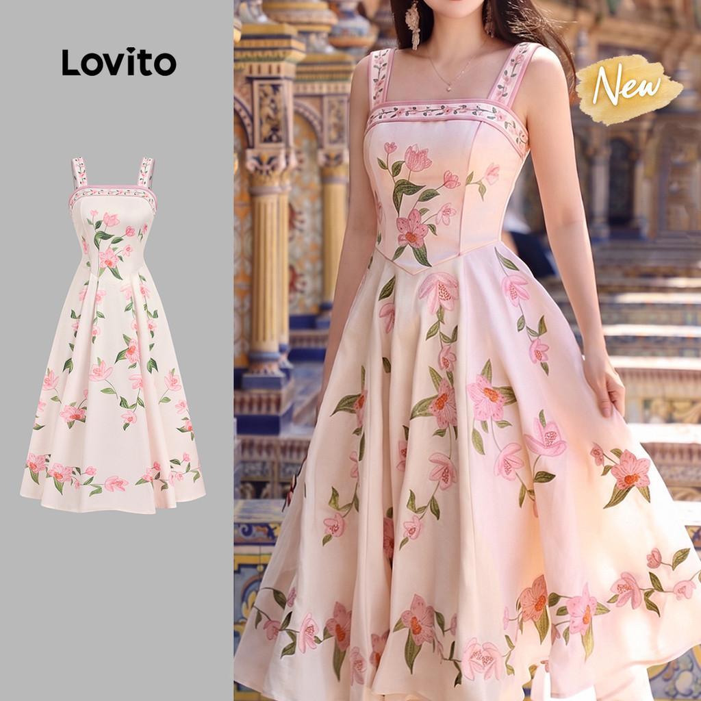 (New Arrival) Lovito Vestido Elegante com Padrão e Babado Na Bainha Vestido de P