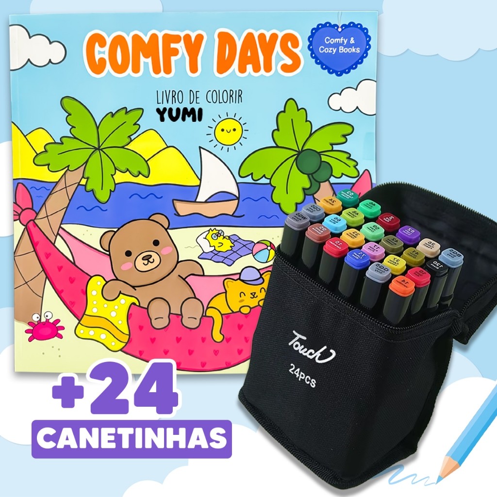 Kit Livro De Colorir Comfy Days Dias Quentes + Canetinhas Touch Canetas Ponta Du
