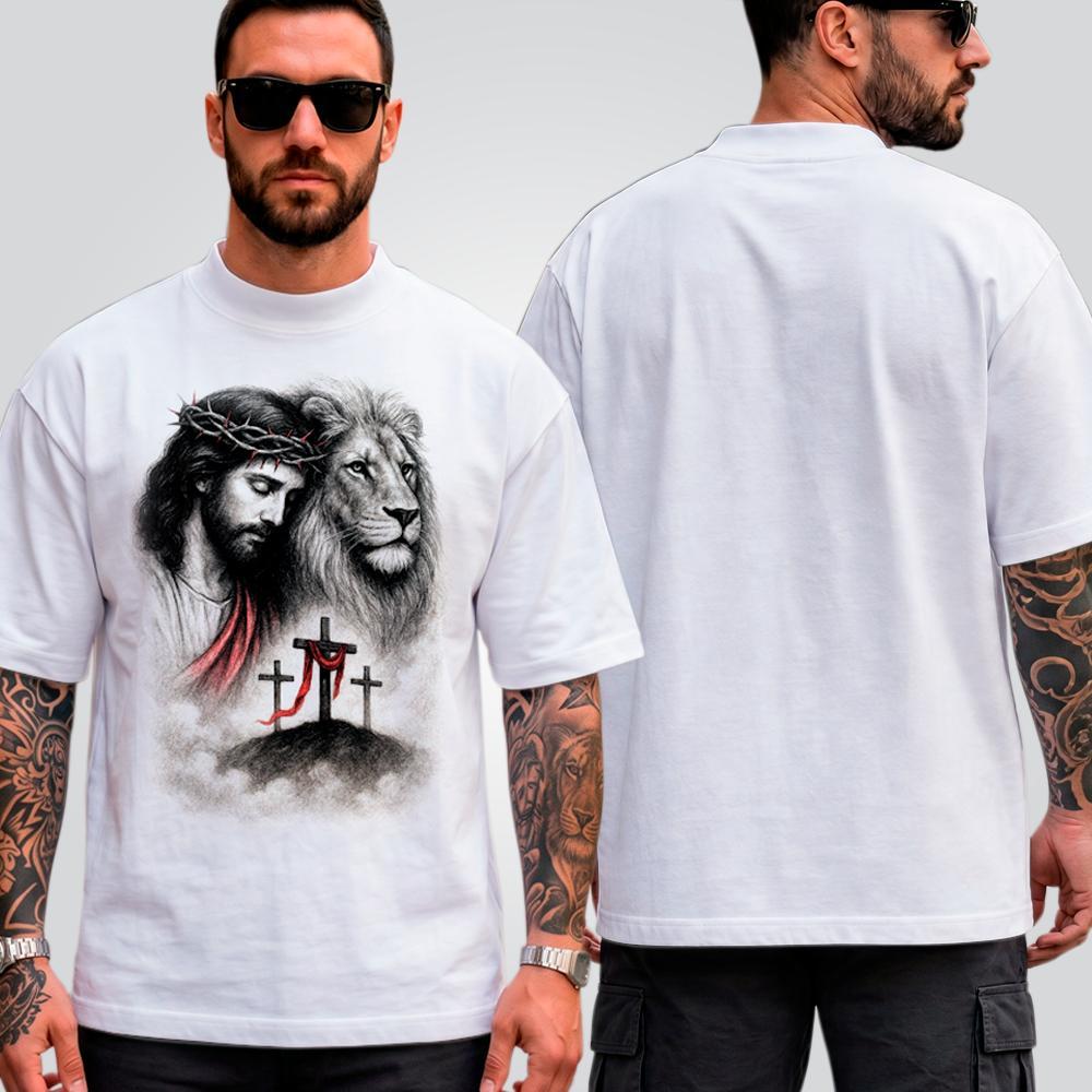 Camiseta Masculina Oversized Suedine Estampada Cristo Leão Streetwear Halftone