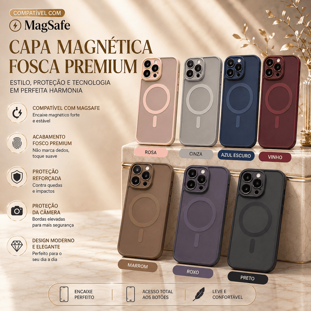 Capa MagSafe Magnética Fosca Translúcida Luxo Antichoque para iPhone 11 12 13 14 15 16 17 Pro Pro Max Proteção Reforçada