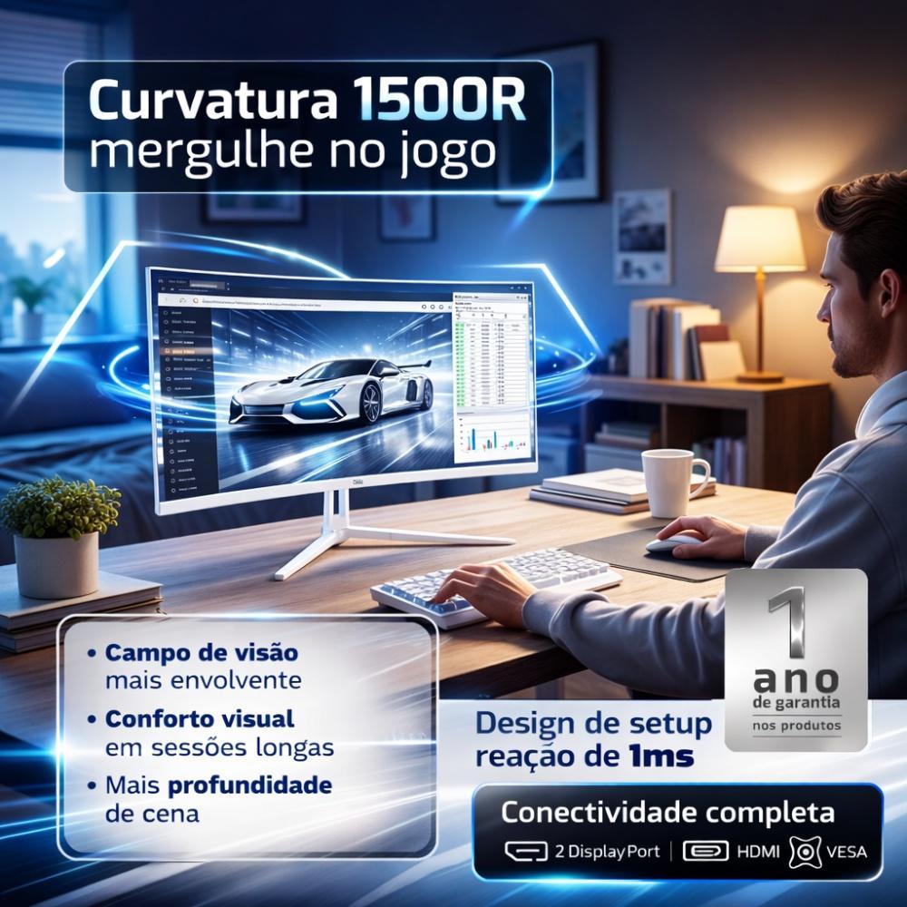 Monitor Gamer HQ 32" Ultra Branco Curvo 1ms, 180Hz, Quad HD (QHD) - 2560x1440, AMD FreeSync, HDMI, DP, HQW32C180 — imagem 2 de 2