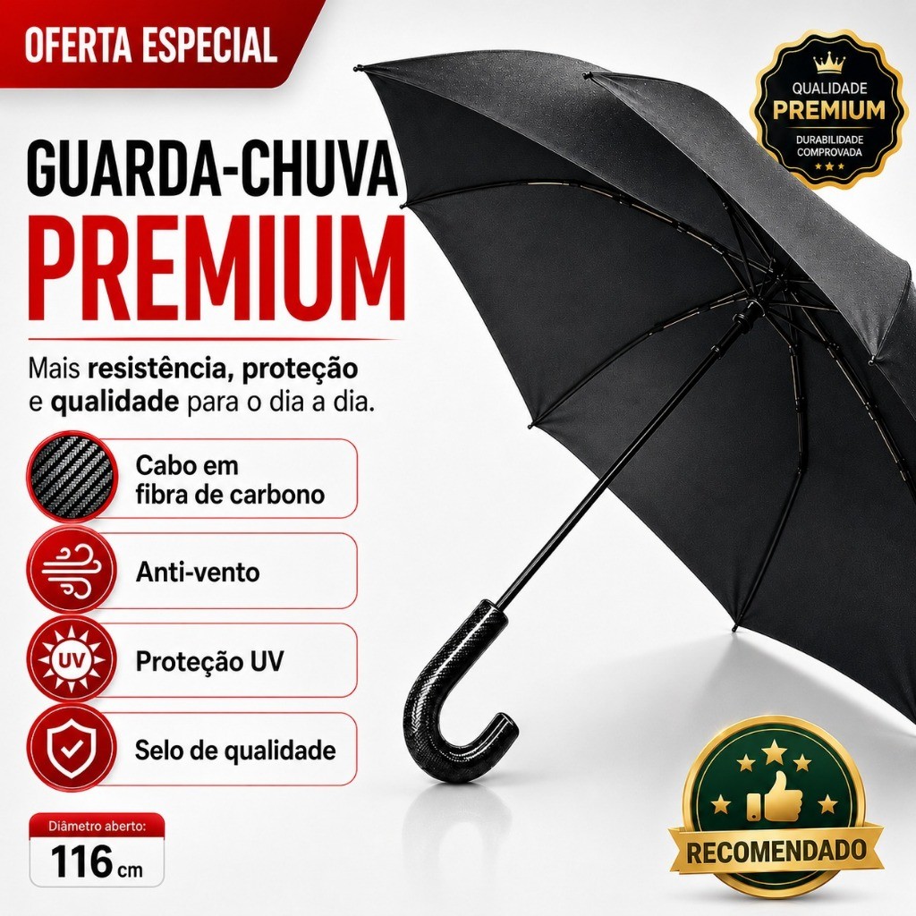 Guarda-Chuva Preto Reforçado Fibra de Carbono Automático Anti-Vento Premium  Unissex Executivo