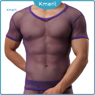 Comfortable Nylon Tee Mesh Design Shirt Men’s V-neck Short Sleeve T-shirt Breathable Hollow Lightweight Solid Color To