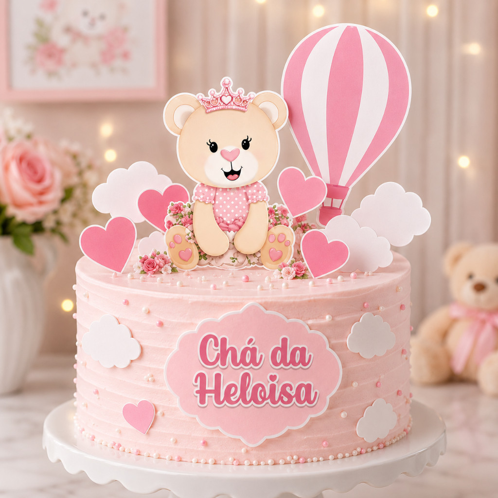 Topo de Bolo Ursinha Rosa Chá de Bebê Personalizado com Nome - ENVIO RÁPIDO